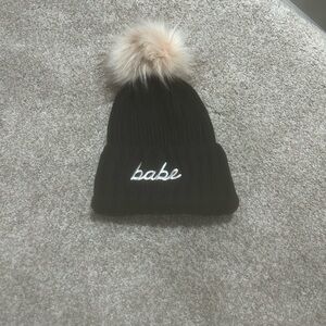 Babe Black Knit Beanie with Faux Fur Pom